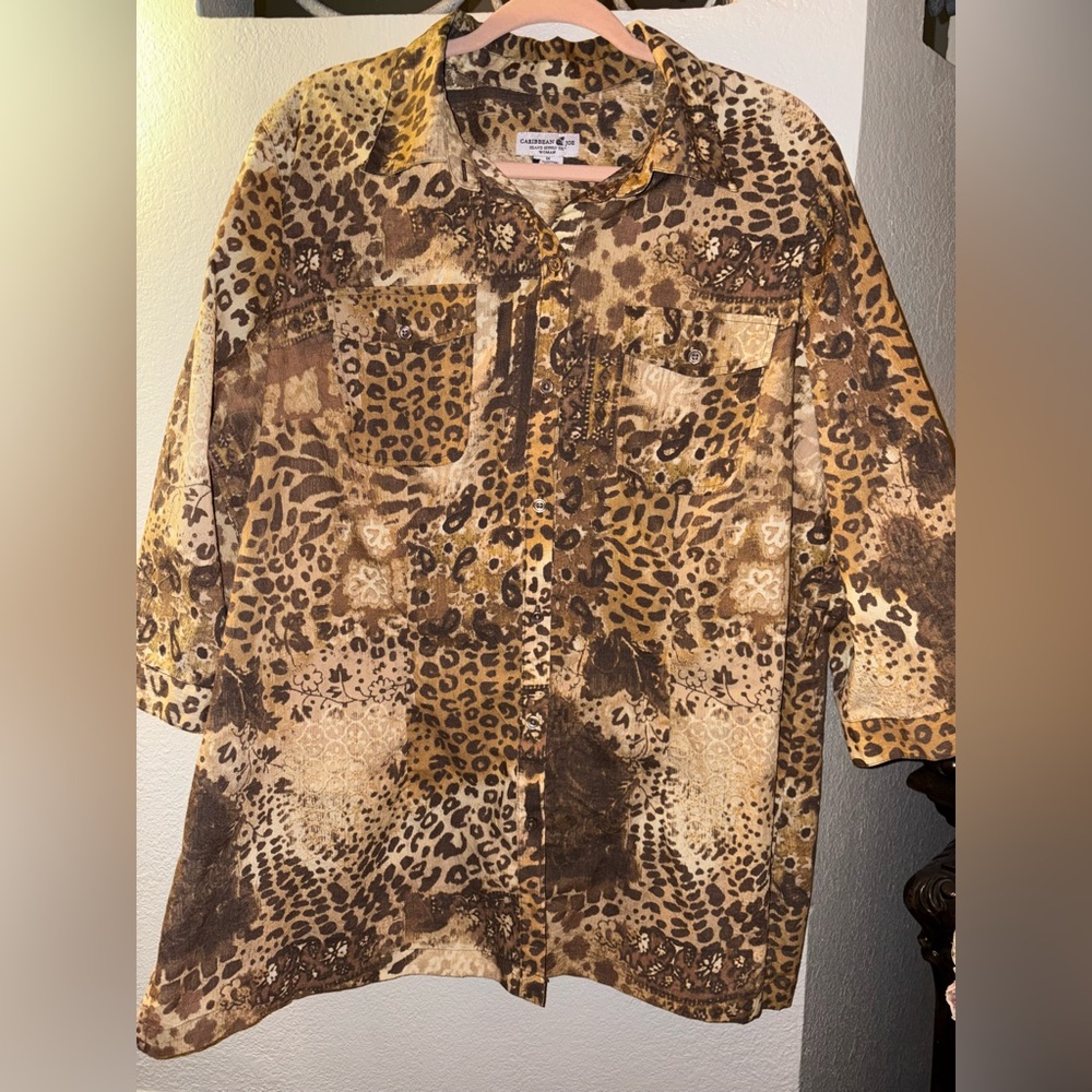 Caribbean Joe Brown Animal Print Shirt